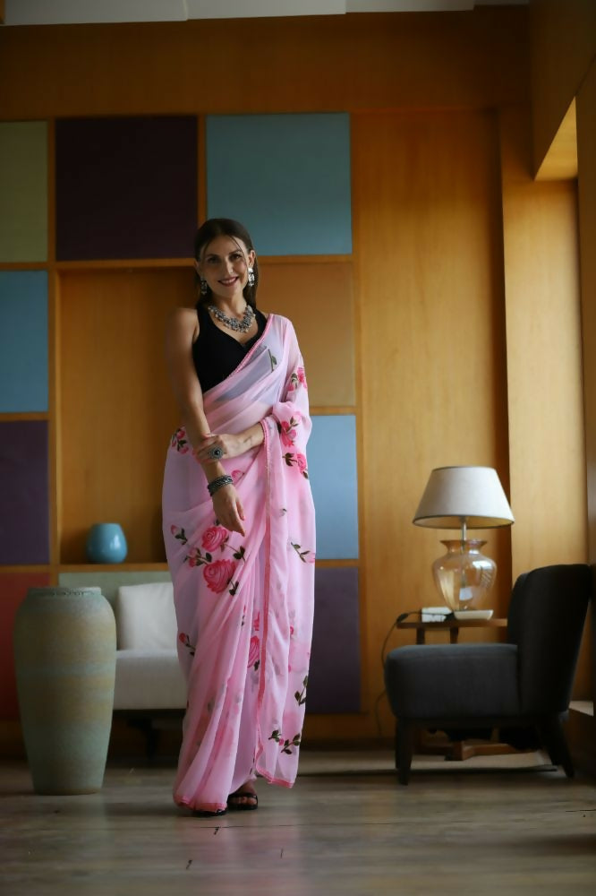 Vamsee Laxmi Pink Georgette Saree | Grocsy