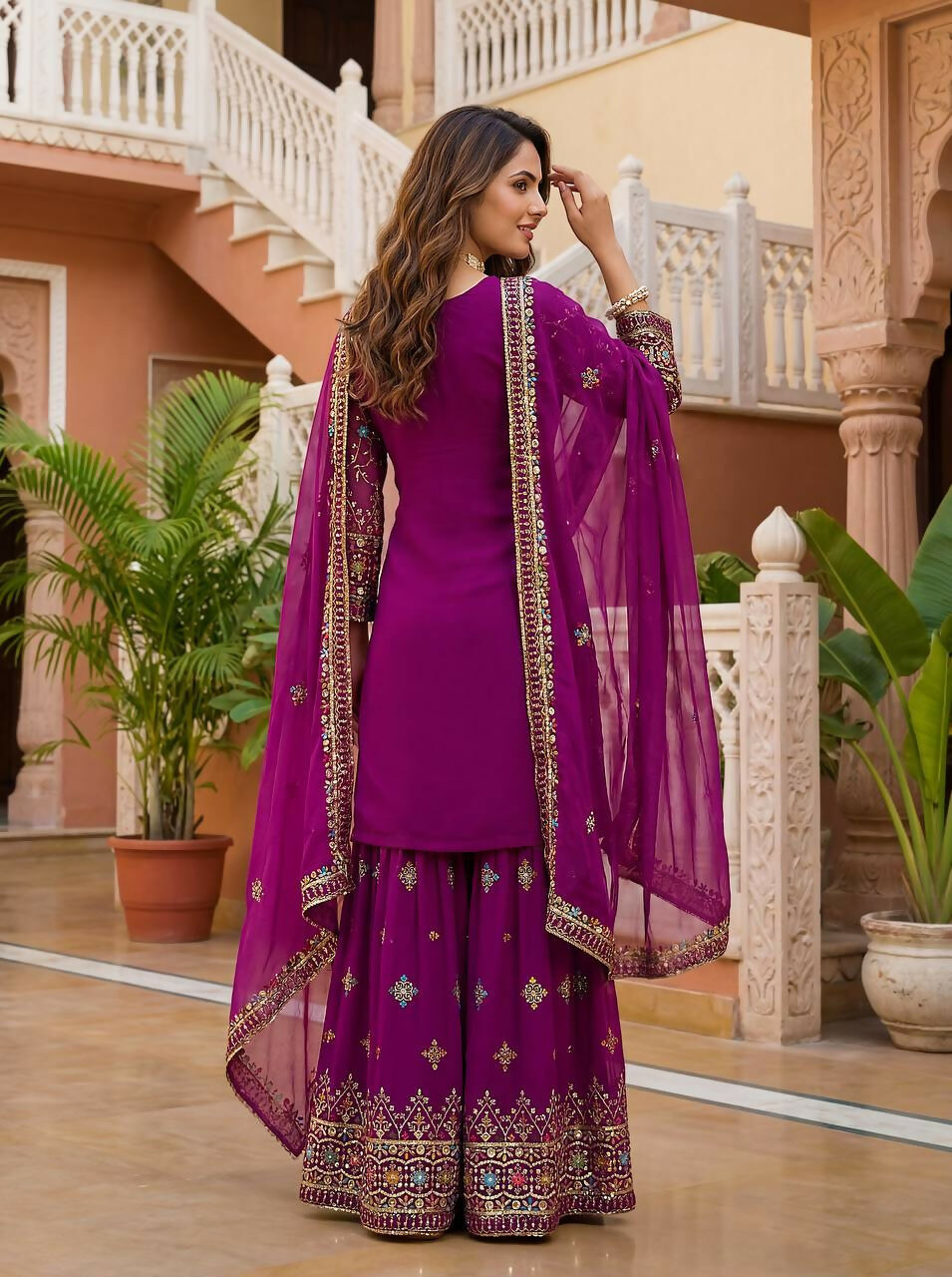 Teeya Creation Wine Faux Georgette Multi Thread Work Wedding Wear Sharara Set | Grocsy
