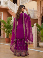 Teeya Creation Wine Faux Georgette Multi Thread Work Wedding Wear Sharara Set | Grocsy