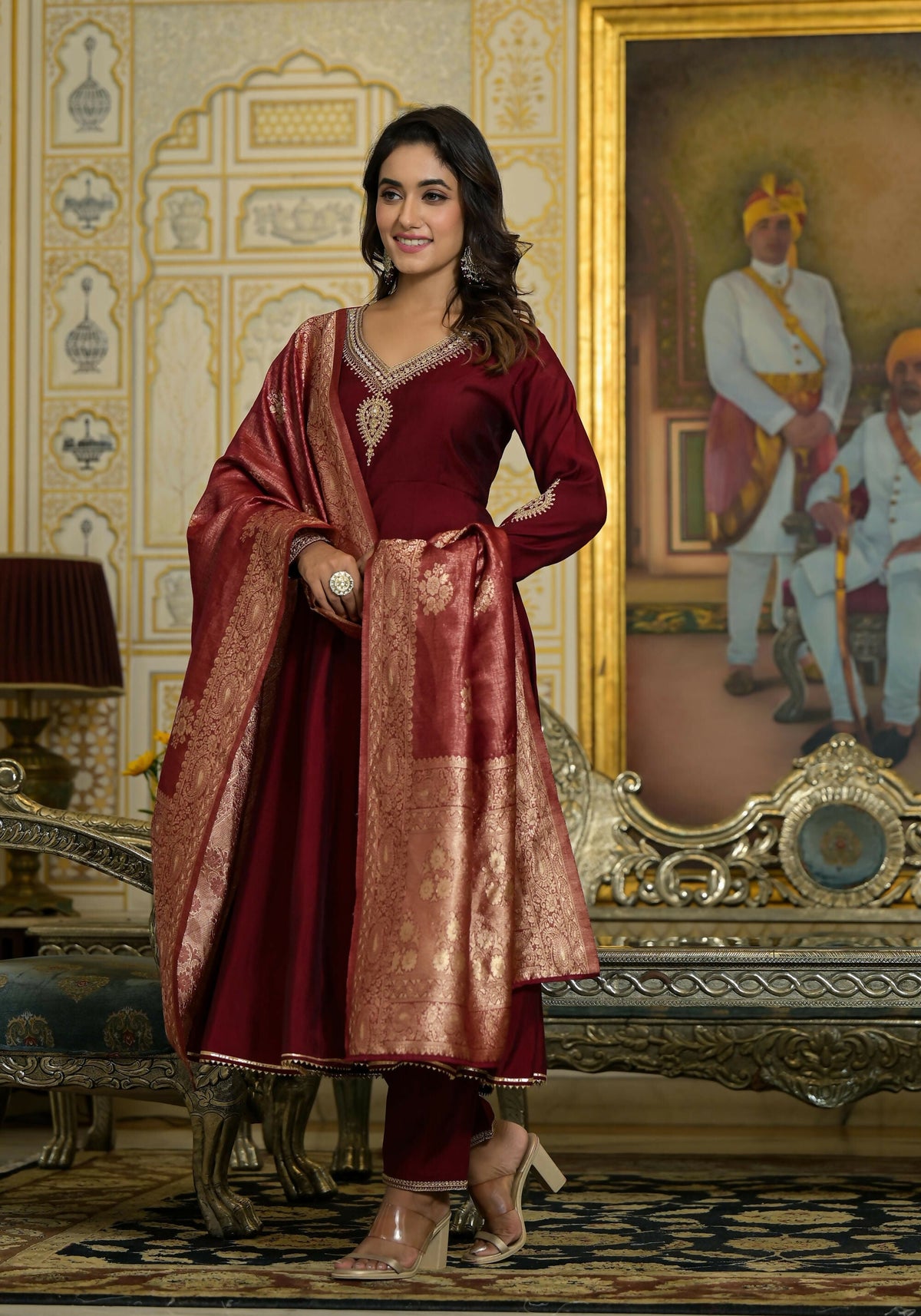 Juniper Women's Maroon Zari Embroidered Viscose Kurta Pant And Dupatta Set With Sequins & Lace | Grocsy