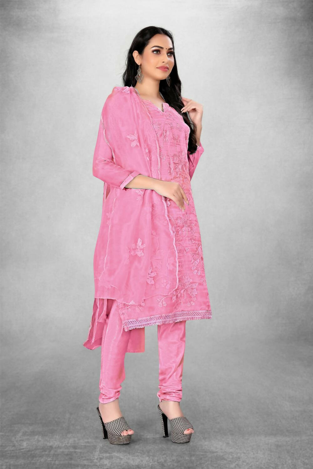 Pink Heavy Organza Silk Embroidered Unstitched Dress Material - Amara | Grocsy
