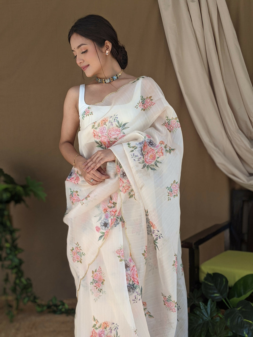 Vamsee Khadi Khatali Cream Khadi Organza Saree | Grocsy
