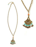Bling Accessories Antique Brass Finish Long Chain Pendant Metal Necklace with Semi Precious Stones in Coral & Turquoise | Grocsy