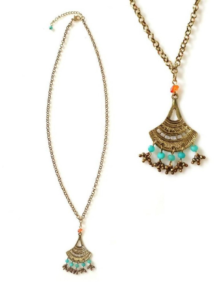 Bling Accessories Antique Brass Finish Long Chain Pendant Metal Necklace with Semi Precious Stones in Coral & Turquoise | Grocsy