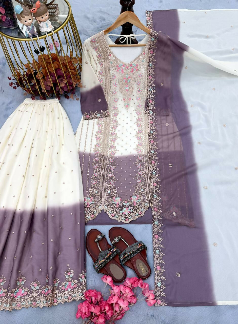 Teeya Creation New Trending Heavy Dual Tone Peding Star Georgette Purple Kurta Set | Grocsy