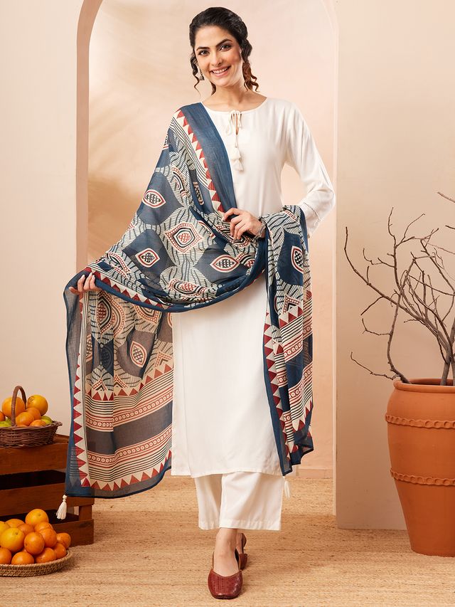 Janasya Off White Straight Rayon Kurta,Bottom & Dupatta | Grocsy