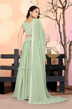 Jyoti Fashion Sea Green Two Tier Crush Georgette Lehenga Choli with Dupatta | Grocsy