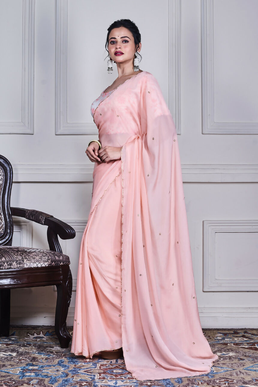Morchari Peach Chiffon Hand Embroidery Saree And Stitched Blouse | Grocsy
