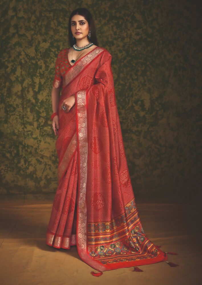 Joban Fashion Red Velvet Tussar Silk with Foil Print Saree | Grocsy