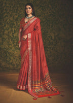 Joban Fashion Red Velvet Tussar Silk with Foil Print Saree | Grocsy