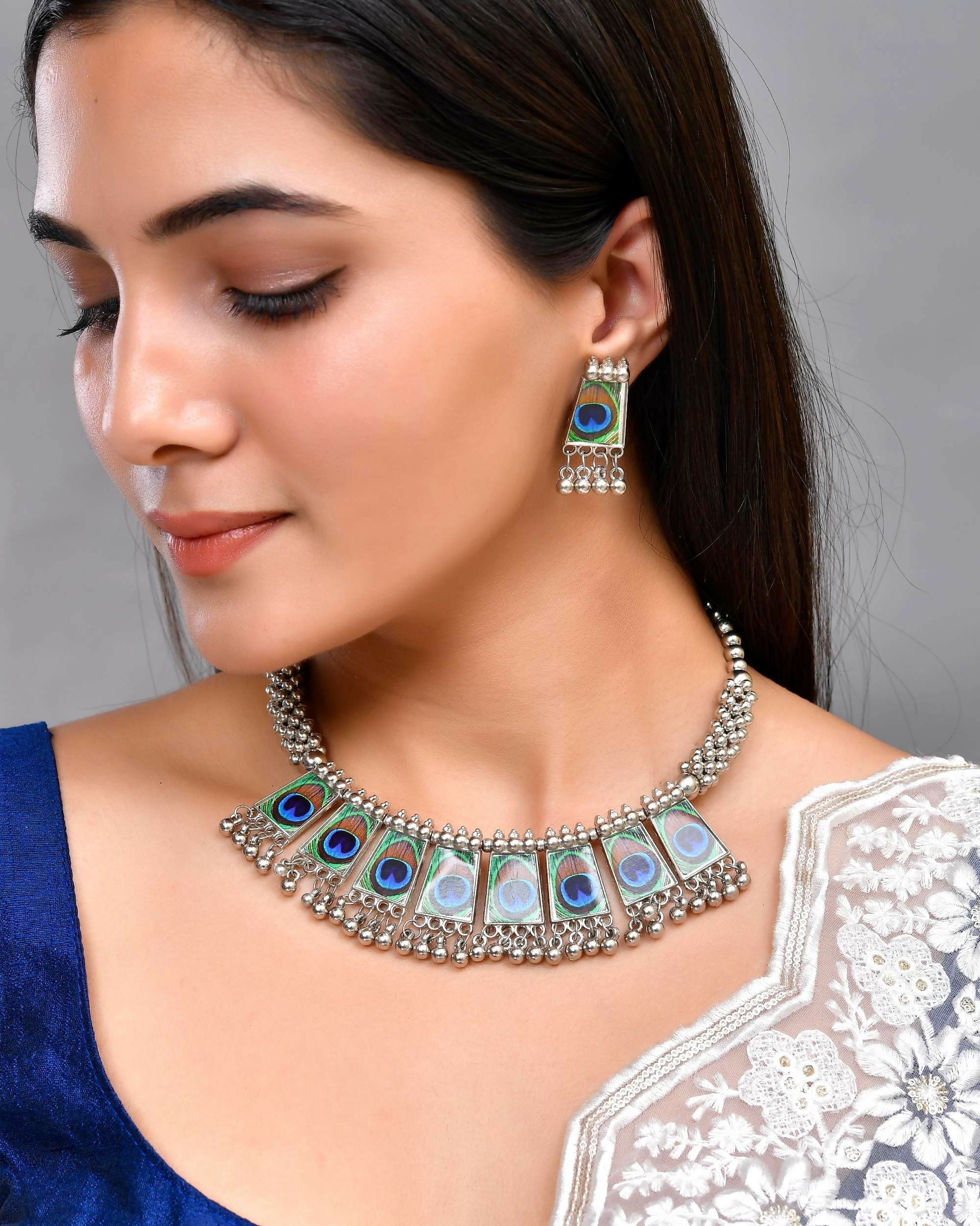 VOJ Silver Plated Oxidized Peacock Print Hasli with Earring Set | Grocsy
