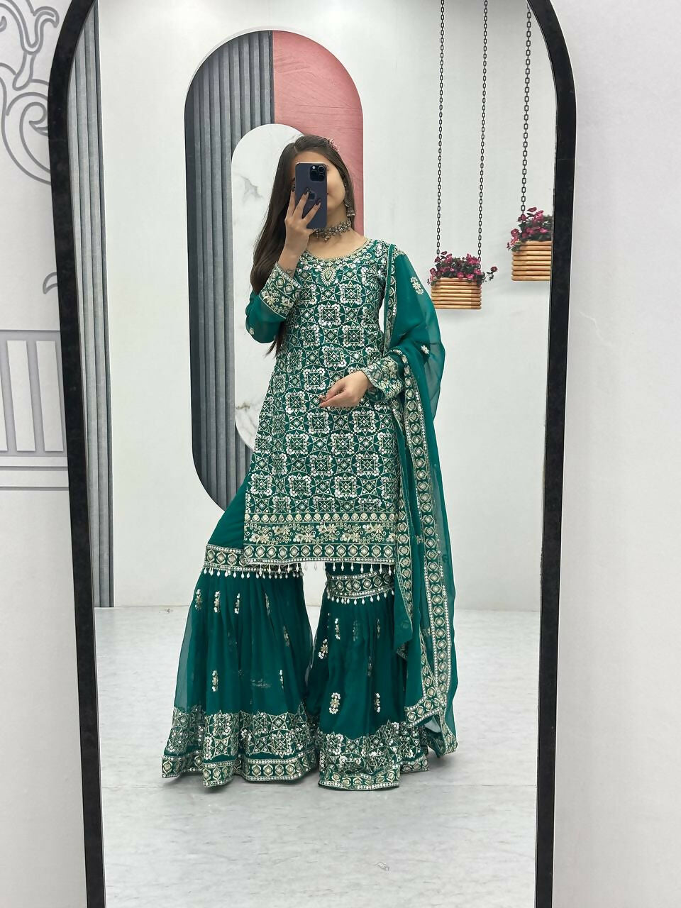 Teeya Creation Womens New Heavy Fox Georgette Fabric With Heavy Embroidery Work Green Kurta Set | Grocsy