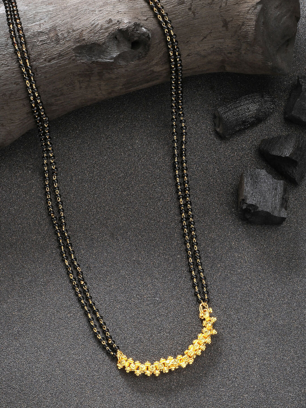 NVR Women's Gold-Polished Black Beaded Mangalsutra | Grocsy