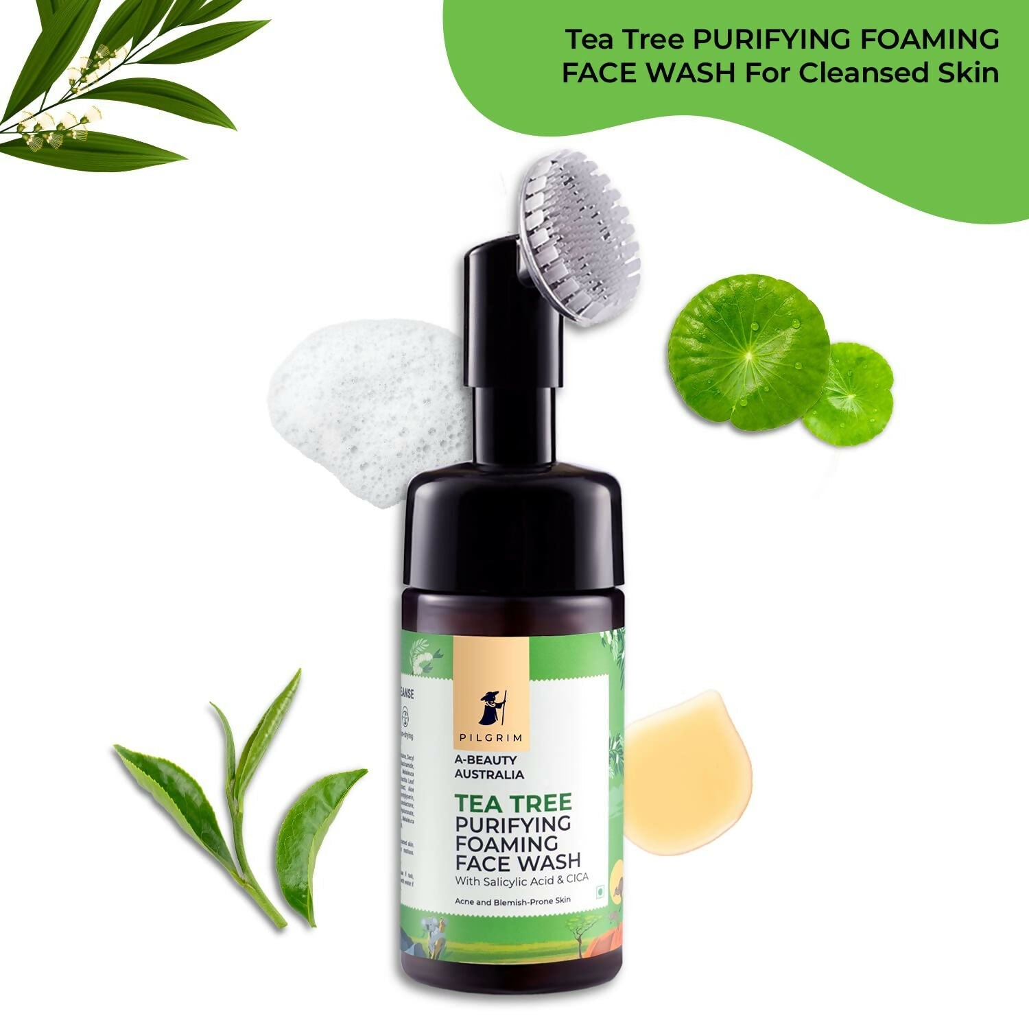 Pilgrim Australian Tea Tree & 1% Salicylic Acid Foaming Face Wash with Brush For Oily Skin, Acne And Pimples | Grocsy