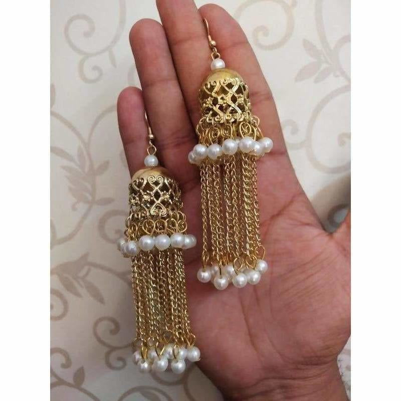MS Fashion India Bridal Gold Color Jhumka And Hanging Chains With White Pearls Earrings | Grocsy