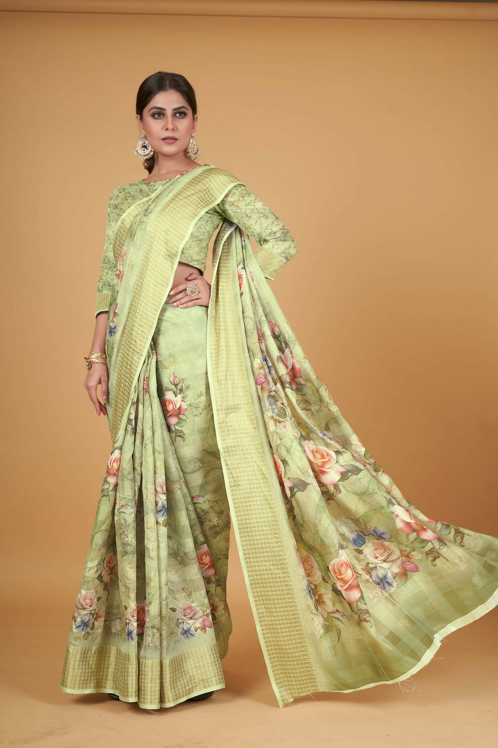 Green Cotton Silk Digital Printed Saree With Unstitched Blouse Piece - Alisha | Grocsy