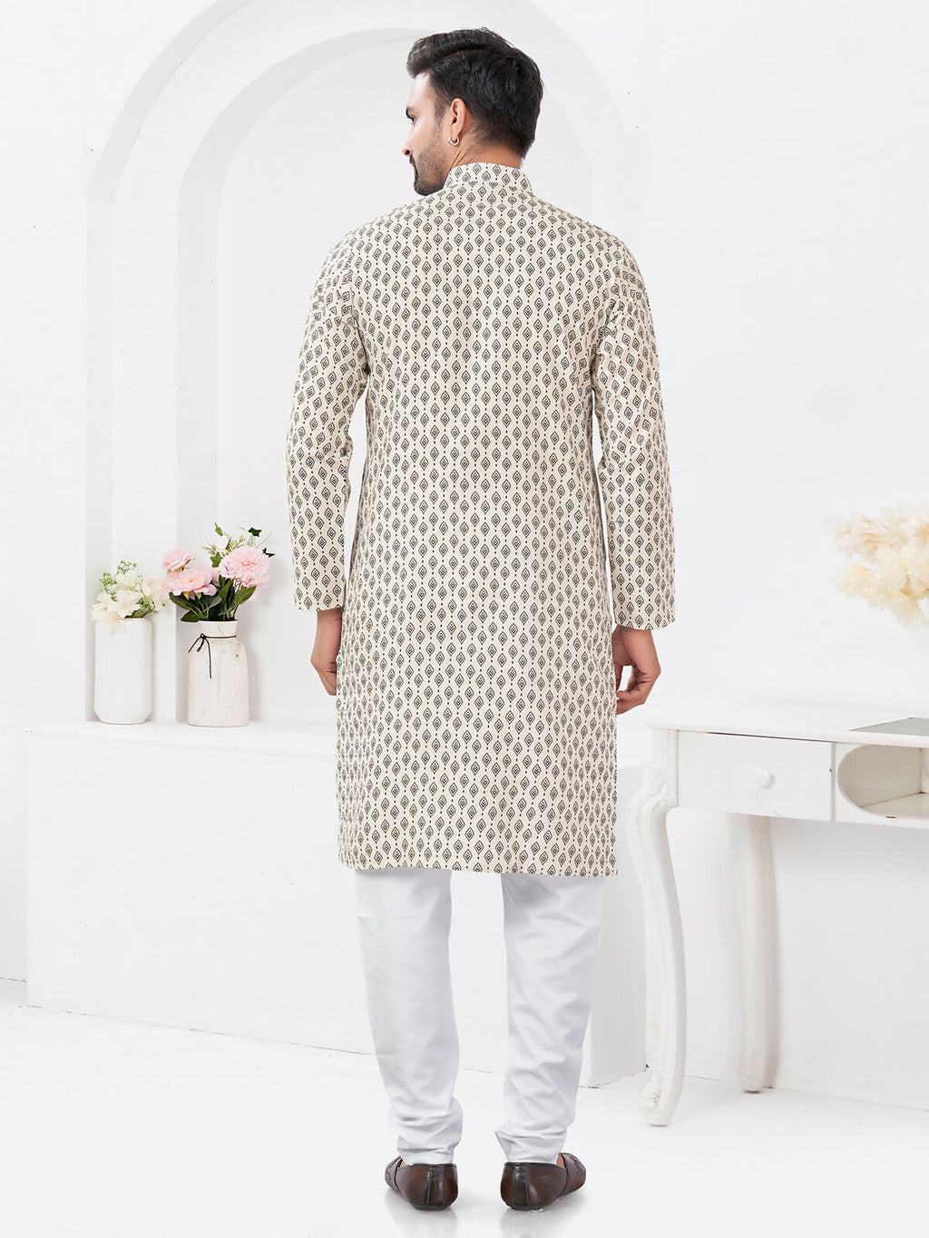 Joban Fashion Men's Rayon Cotton Cream Printed Kurta Pyjama set | Grocsy