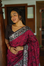 Arfa Fashion House Rani Pink Pure Chanderi Cotton Batik Printed Saree | Grocsy