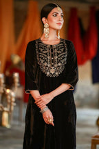 Juniper Women Black Velvet Embroidered Straight Kurta Sets | Grocsy