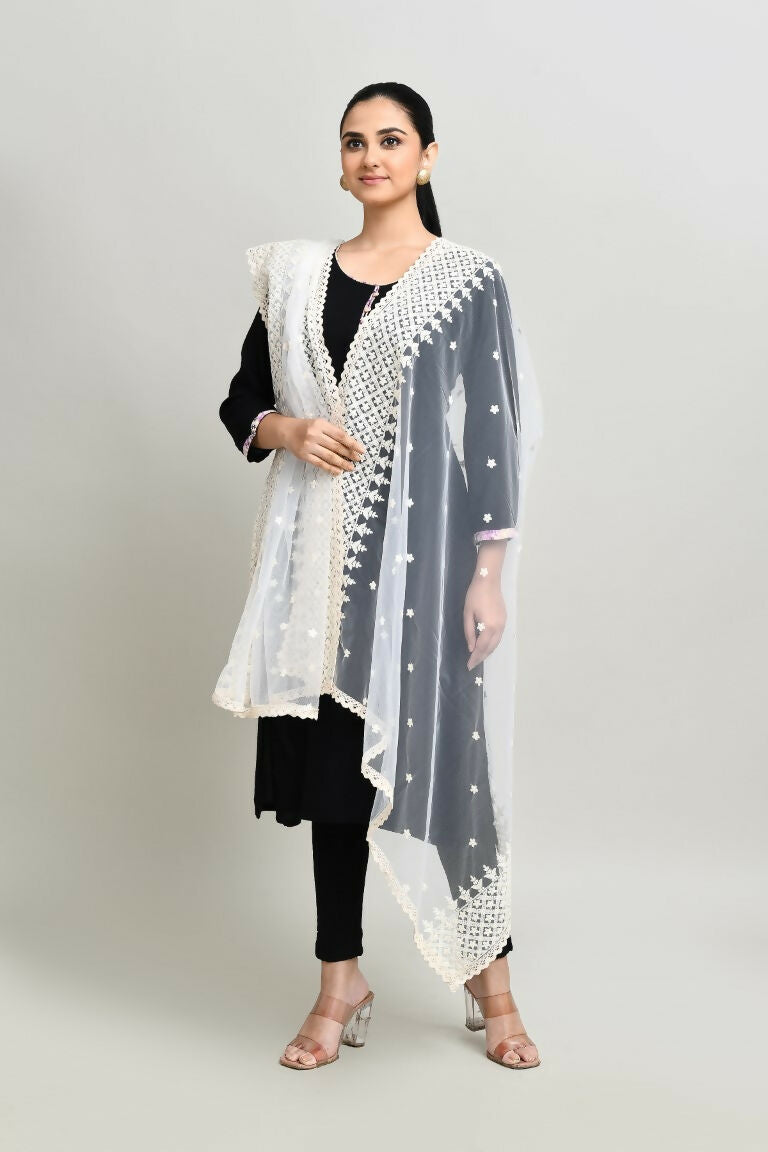 Joban Fashion White Cotton Embroidery Work Pakistani Karanchi Dupatta | Grocsy