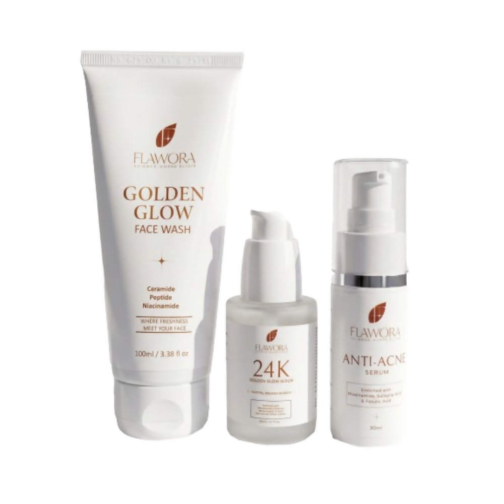 Flawora Set of Golden Glow Face Wash, Anti Acne Serum and 24k Golden Glow Face Serum | Grocsy