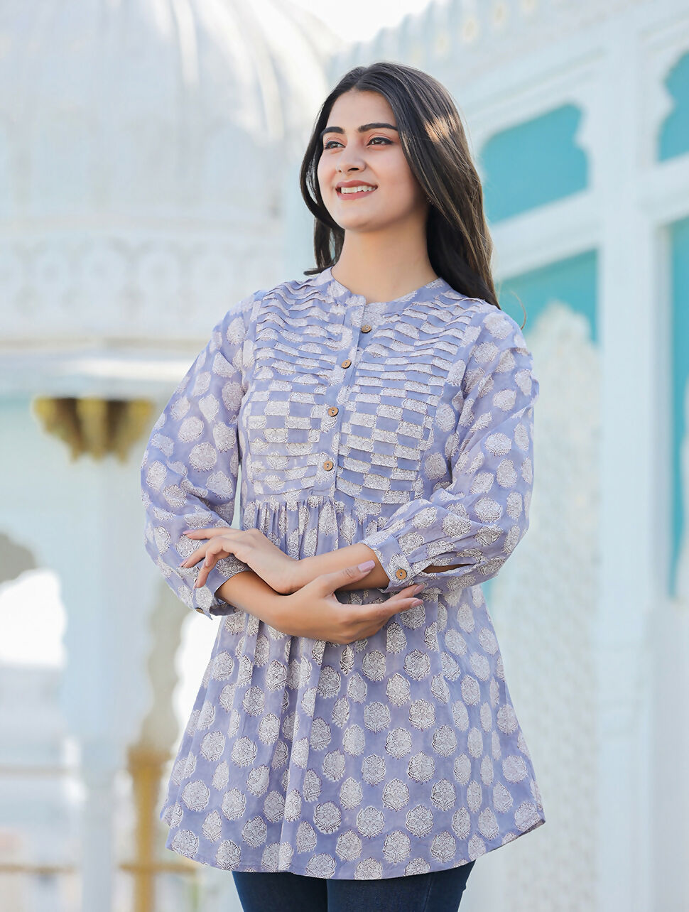 Kaajh Women's Grey Hand Block Printed Cotton Top | Grocsy