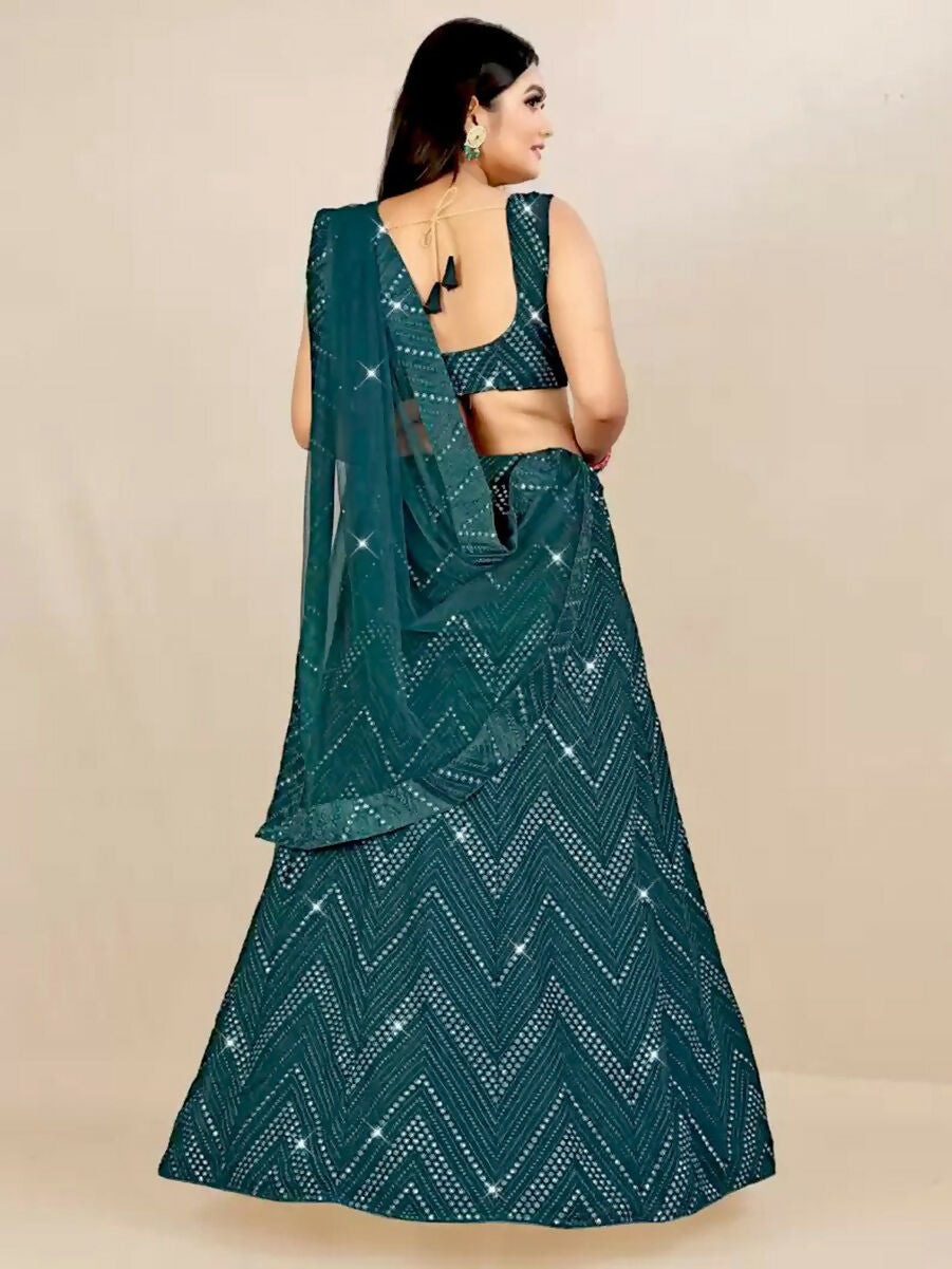 Jyoti Fashion Classy Bottle Green Georgette 3MM Sequins with Thread Embroidery Lehenga Choli with Dupatta | Grocsy