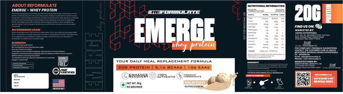 Reformulate Emerge I Whey Protein I Your Daily Meal Replacement Formula I 20 G I Protein I 5.1 G Bcaa's I 10 G Eaa's - Malai Kulfi | Grocsy