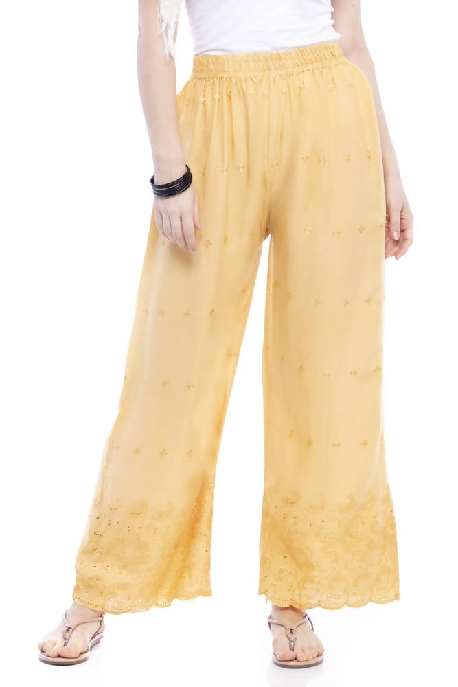 Mominos Fashion Reyon Cotton Dark Golden Embroidery Chikan Palazzo | Grocsy
