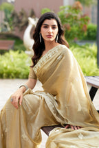 Vastranavya Beige Embroidery Work Shimmer Chiffon Saree with Unstitched Blouse | Grocsy