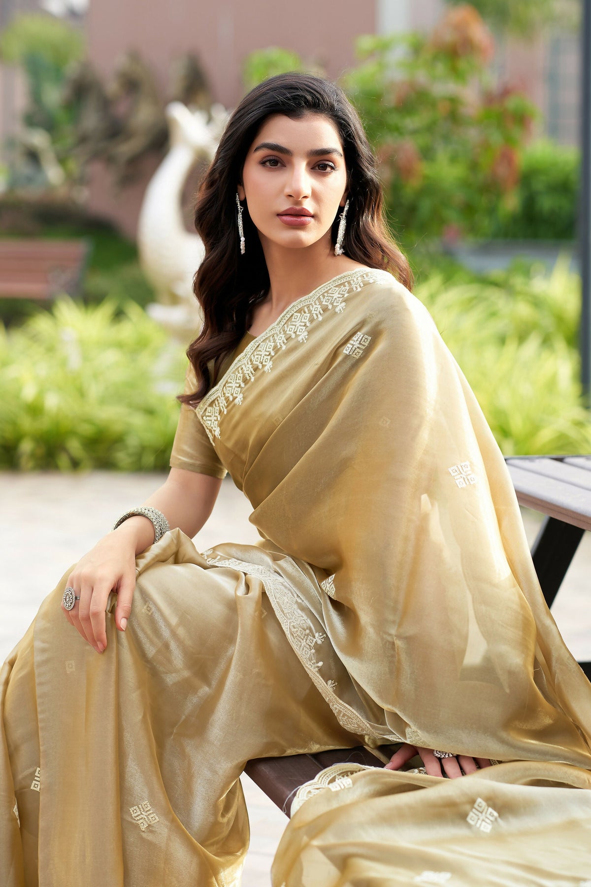 Vastranavya Beige Embroidery Work Shimmer Chiffon Saree with Unstitched Blouse | Grocsy