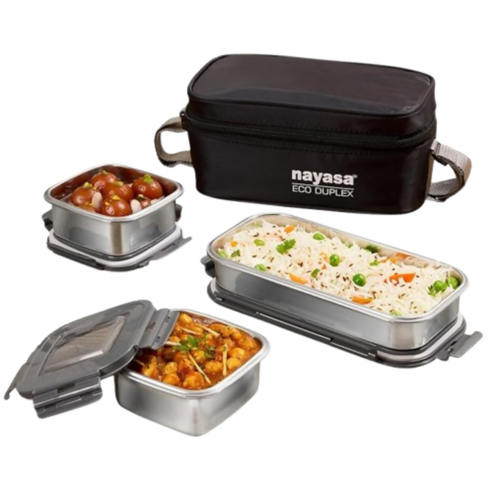 Nayasa Eco Duplex 3 Stainless Steel Office Lunch Box Set with Soft Insulated Bag | Grocsy