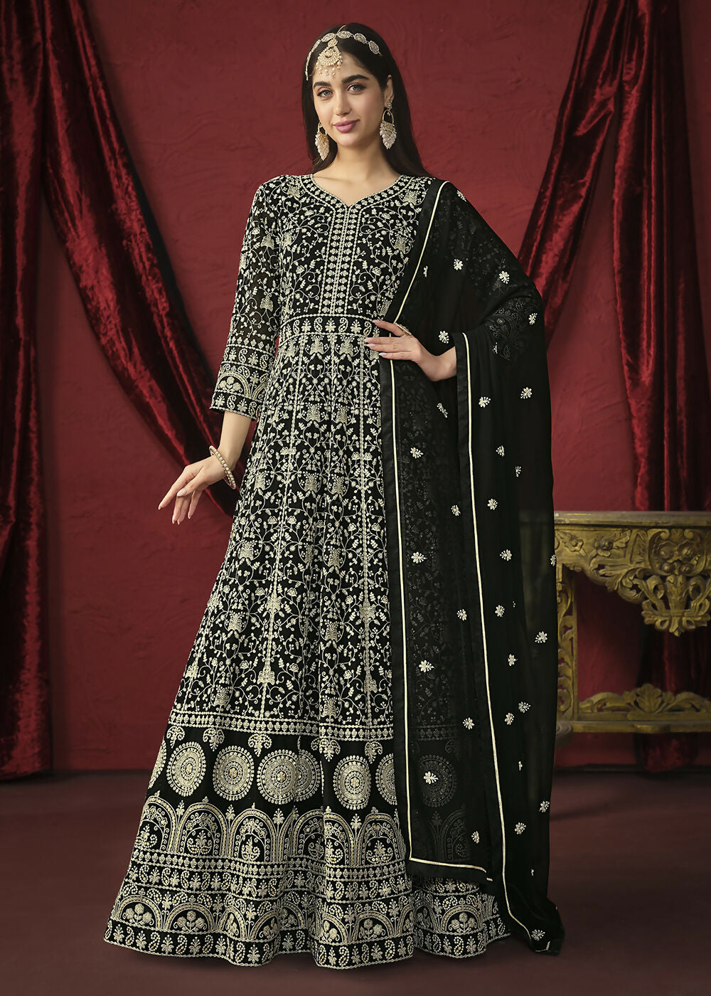 Stunning Black Front & Back Embroidered Trendy Anarkali Suit - Emponline | Grocsy
