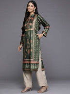 Ahalyaa Women Green & Pink Ethnic Motifs Printed Gotta Patti Velvet Kurta | Grocsy