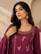 Teeya Creation Wine Embroidered Georgette Straight Kurta With Palazzo And Dupatta Set | Grocsy