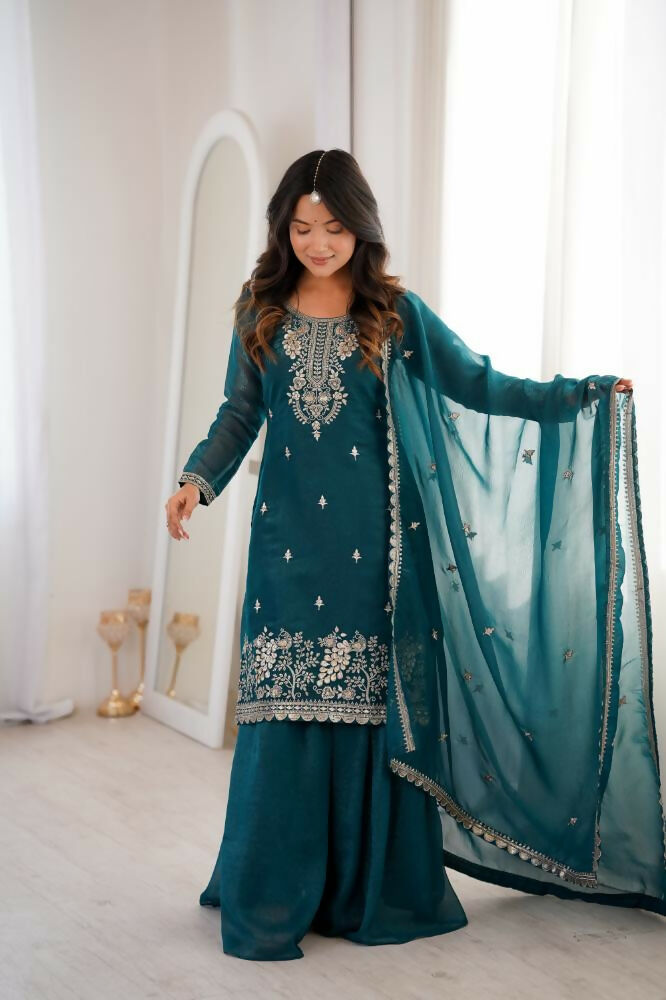 Lehenga Mart Designer Sharara Suit With Kurta, Sharara, Dupatta For Women-Teal Blue | Grocsy