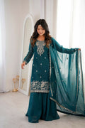 Lehenga Mart Designer Sharara Suit With Kurta, Sharara, Dupatta For Women-Teal Blue | Grocsy