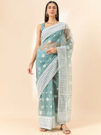 Blue Organza Geometric Embroidered Saree with Unstitched Blouse Piece - Roozal | Grocsy