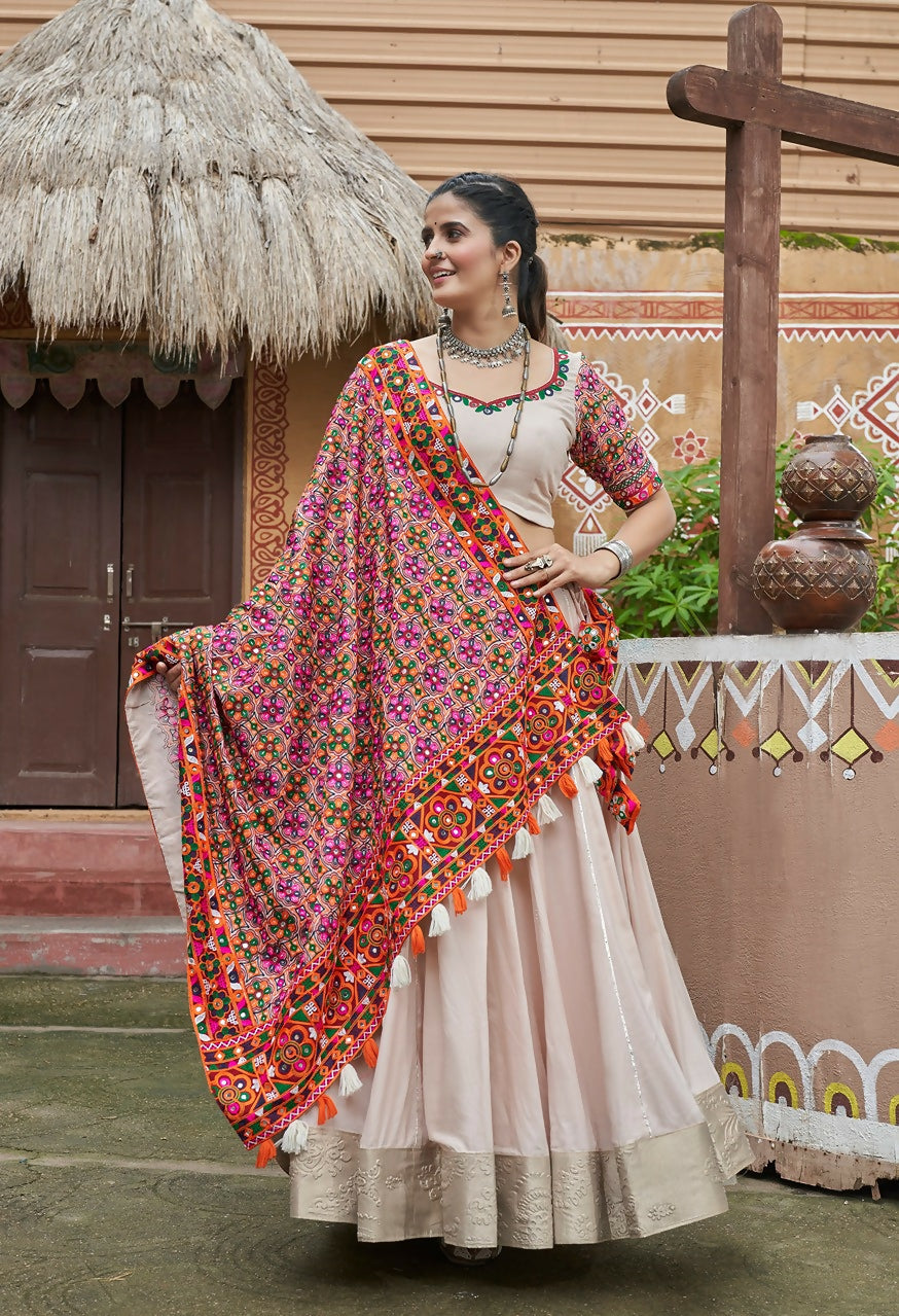 AI Fashion Beige Viscose Rayon Designer Navratri Lehenga Choli Collection | Grocsy