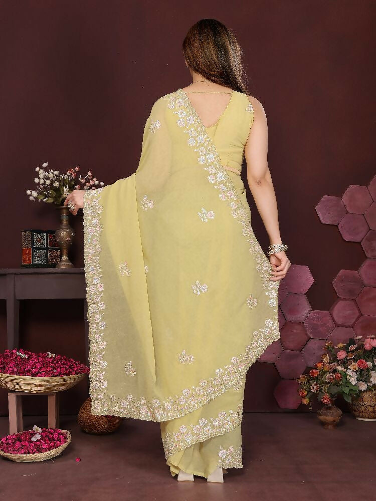 PR Fashion Yellow Georgette Embroidery Work With Embroidery Work Blouse Saree | Grocsy