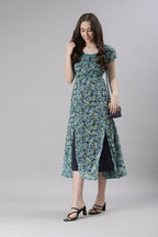 Souchii Teal & Blue Floral Printed Fit & Flare Dress | Grocsy