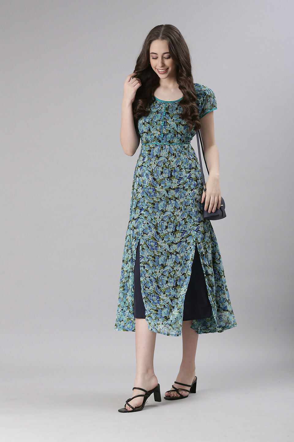 Souchii Teal & Blue Floral Printed Fit & Flare Dress | Grocsy