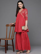 Ahalyaa Women Floral Printed Tunic with Palazzos - Red Color | Grocsy