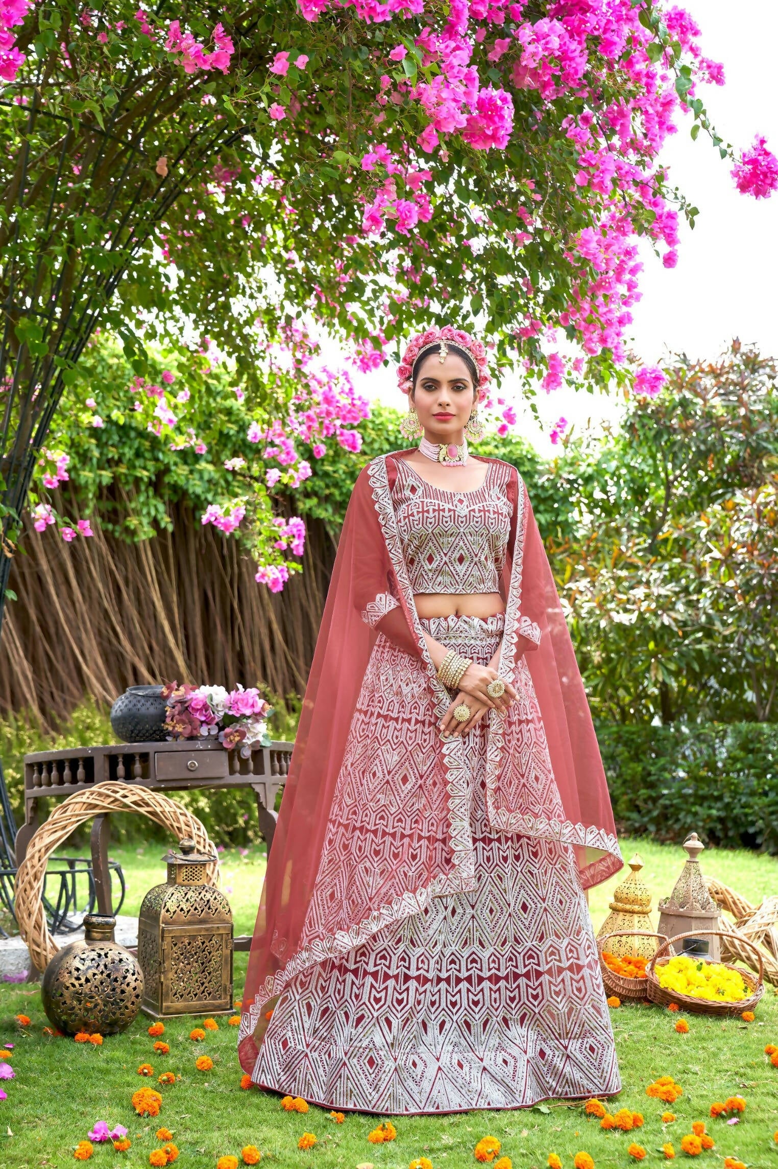 Pink Net Embroidered Semi Stitched Lehenga Choli with Dupatta - Bhagya | Grocsy
