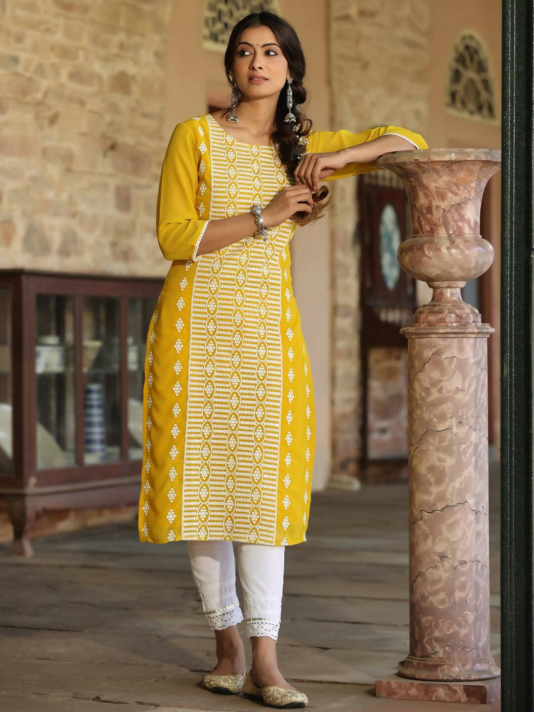 Juniper Women's Yellow Georgette Printed Kurta | Grocsy