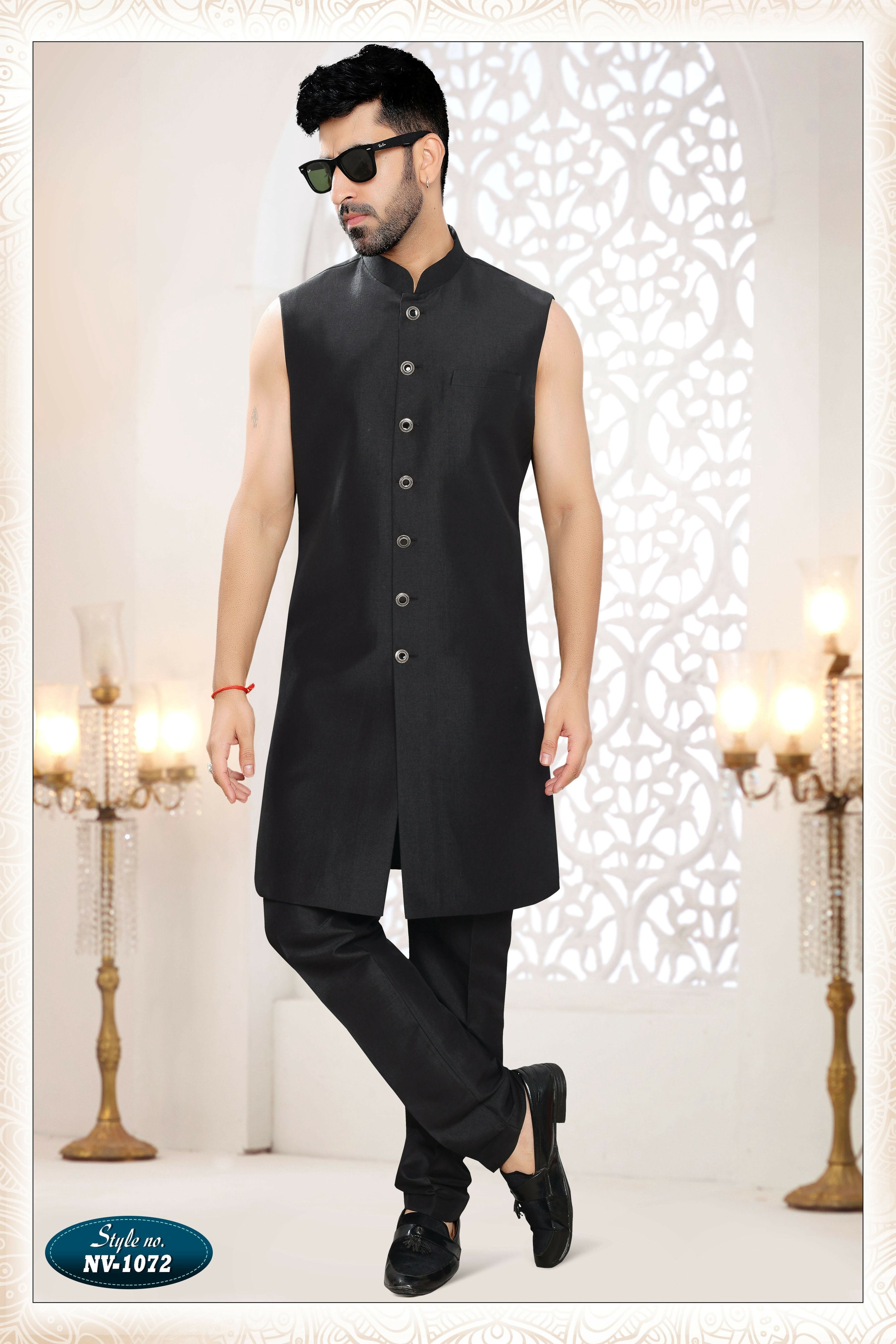 Joban Fashion Men's Black Straight Malai Silk Thread And Sequence Embroidery All Over 3 Pc Kurta Set | Grocsy