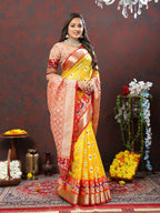 Lorenvalley Fashion Yellow Organza Silk Woven Design with Meenakari Weaving Saree | Grocsy