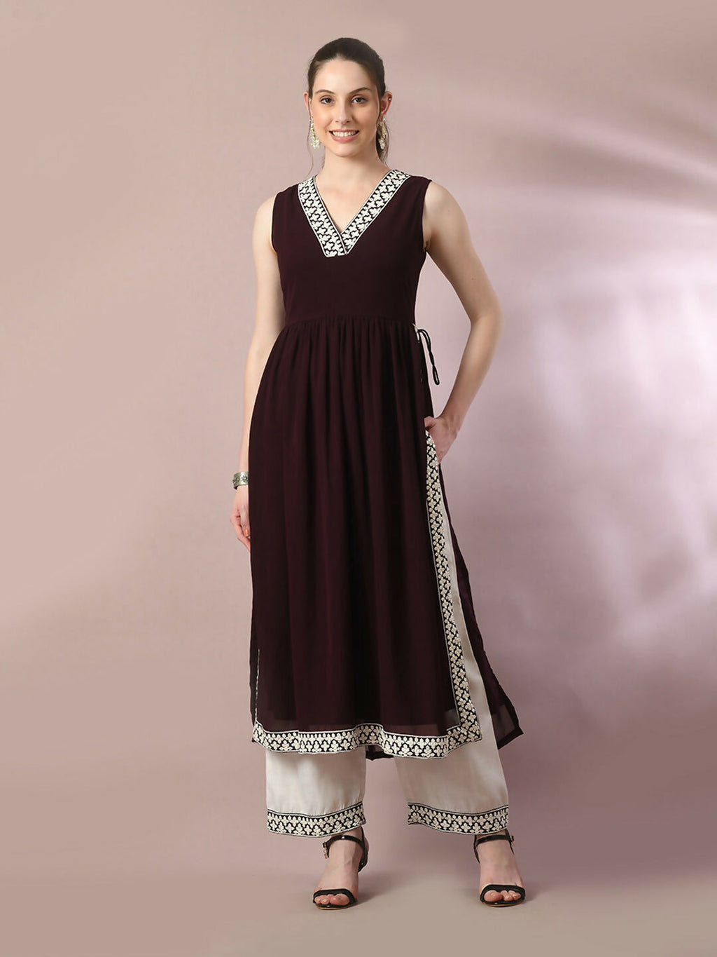Myshka Women's Coffee Brown Solid Georgette Anarkali Party Kurta Set | Grocsy