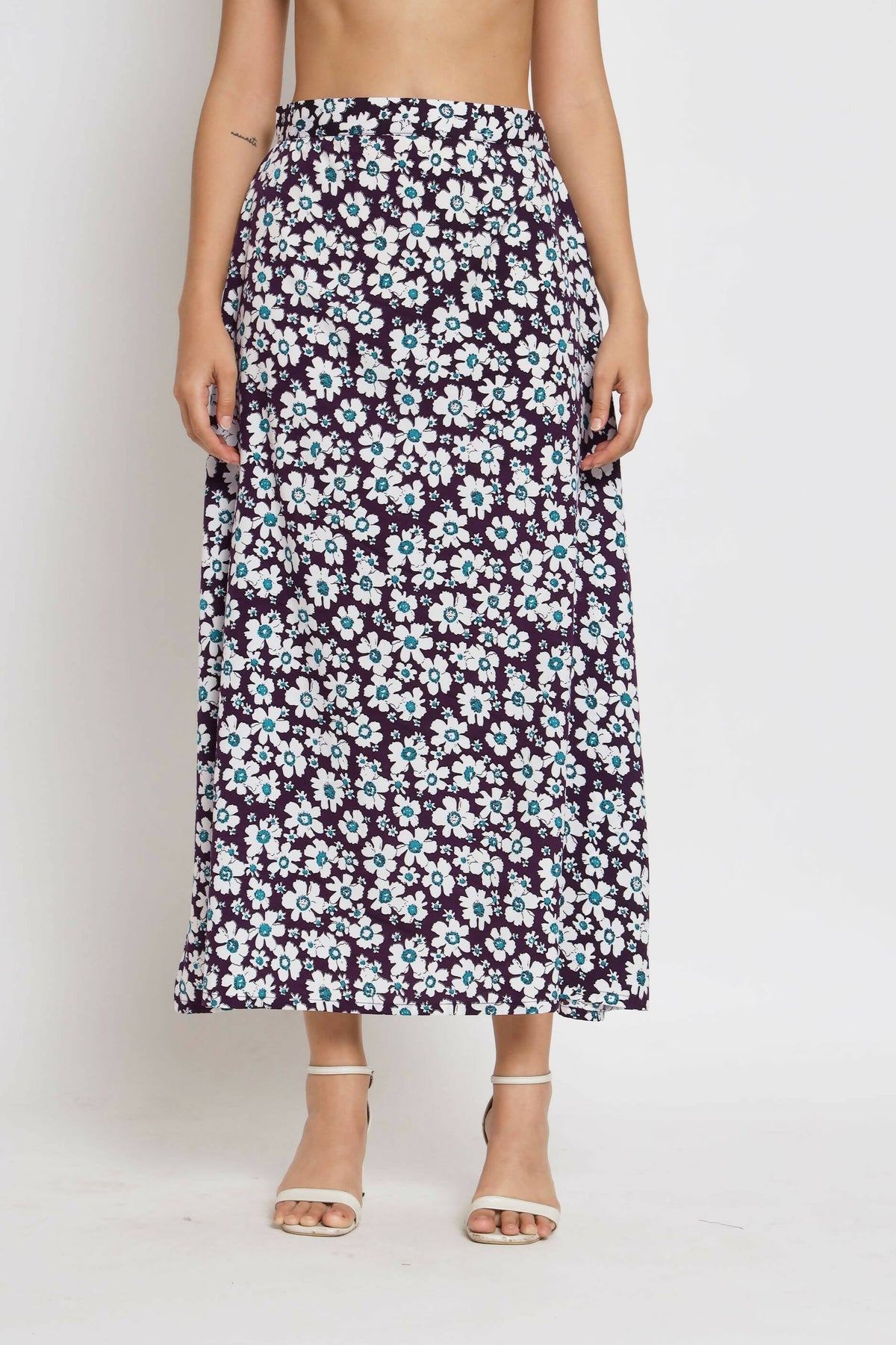 Purple Crepe Floral Printed Top with Matching Skirt - Shivani | Grocsy