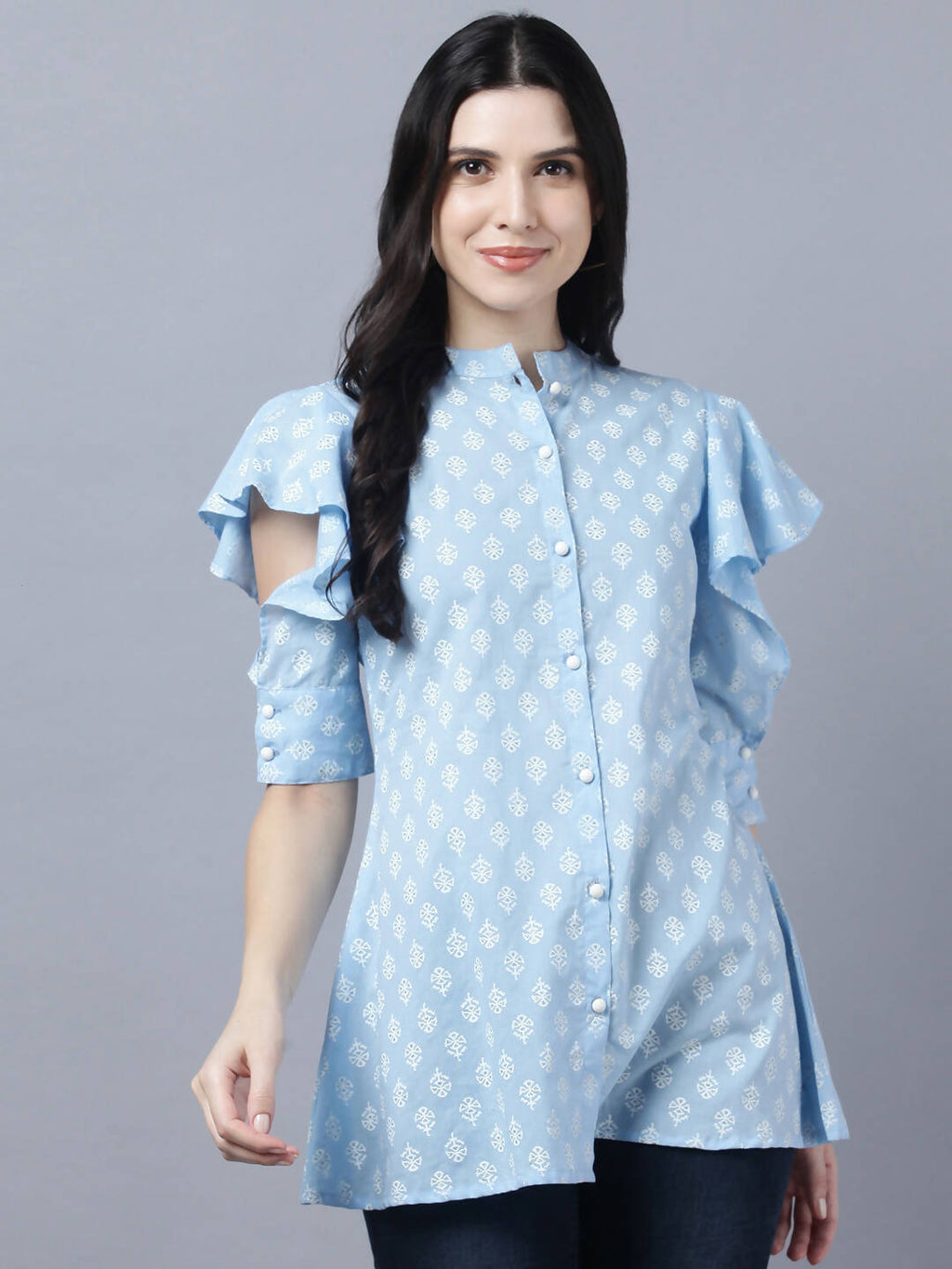 Myshka Stylish Blue Cotton Half Sleeve Women's Top | Grocsy